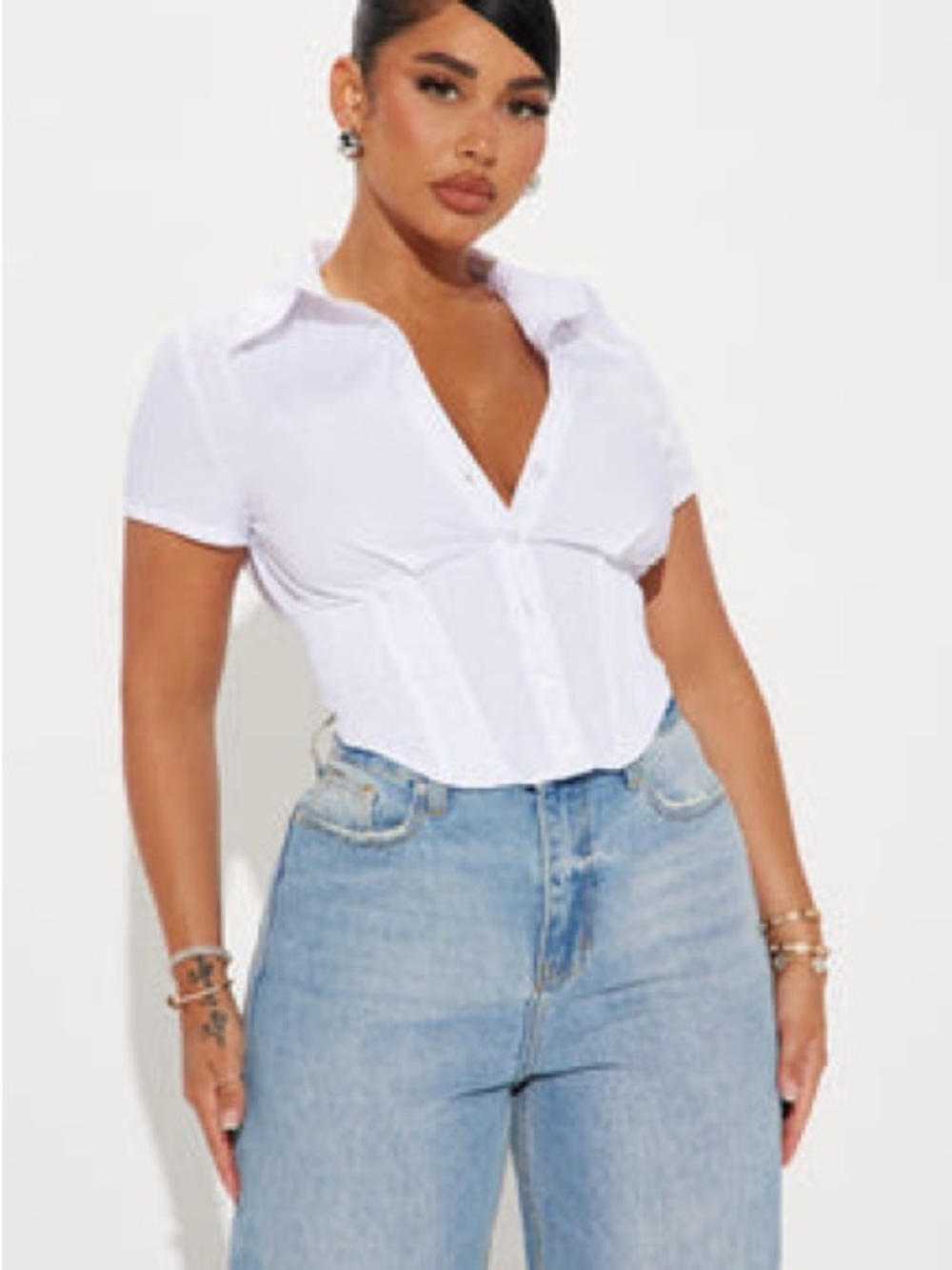 White Short-Sleeve Corset Shirt - Women Tops